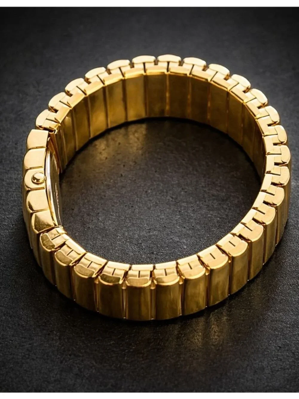 Jacque Ciara Vintage Gold Tone Ribbed Cuff Watch Blue Marble Dial Bracelet Glam